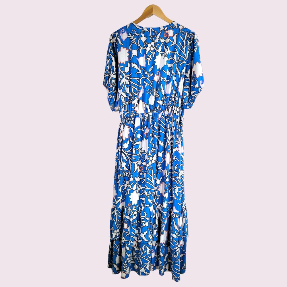 KNOX ROSE Blue Floral Wrap Maxi Dress Size 2X Tiered Ruffle Skirt Layers V Neck - Picture 3 of 10